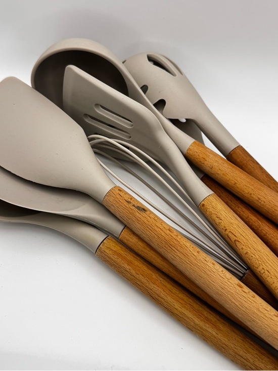 Other - Neutral Silicone Kitchen Utensil Set with Wooden Handles - Beige